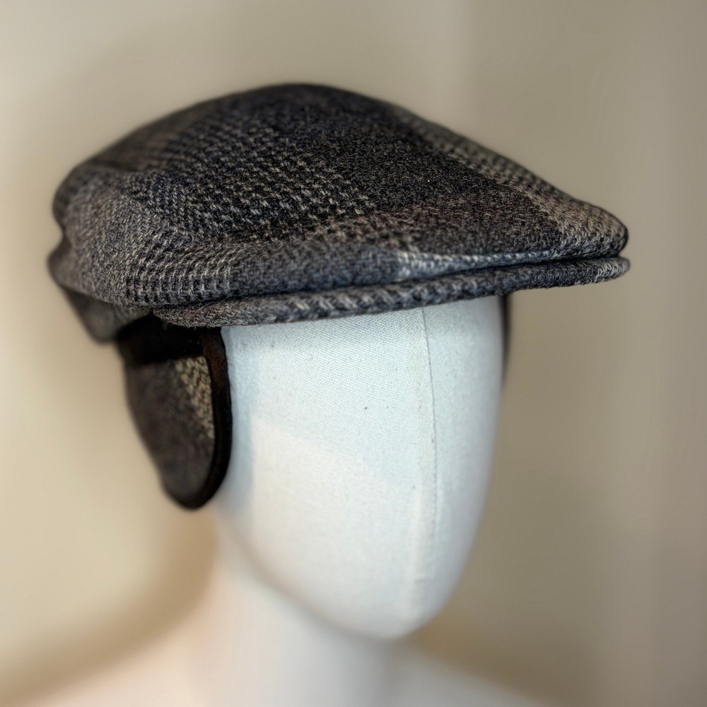 Eddie Bauer Gray Harris Tweed Ear Flap Flat Cap Hat Mens Medium Good
